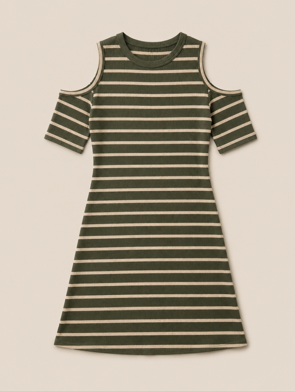 Hot Kiss Cold Shoulder Dress Olive Stripe Ribbed Bodycon Women’s Size Large Y2K - Picture 3 of 10